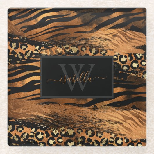 Copper Gold Black Monogrammed Script Initiaal Name Glazen Onderzetter (Voorkant)