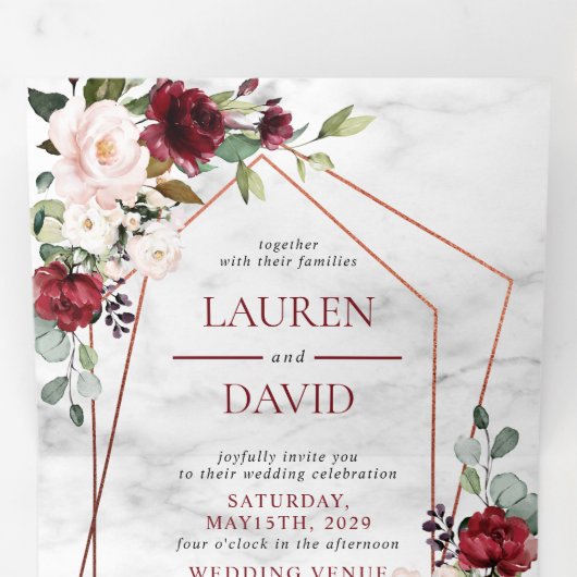 Copper Marble Geometric Burgundy Foto Drieluik Uitnodiging (Binnenzijde eerst)