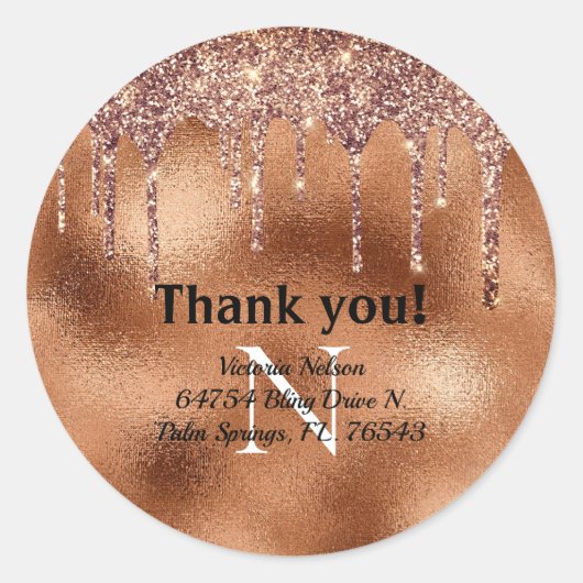 Copper Metallic Glitter Elegant Monogram Hartelijk Ronde Sticker (Voorkant)