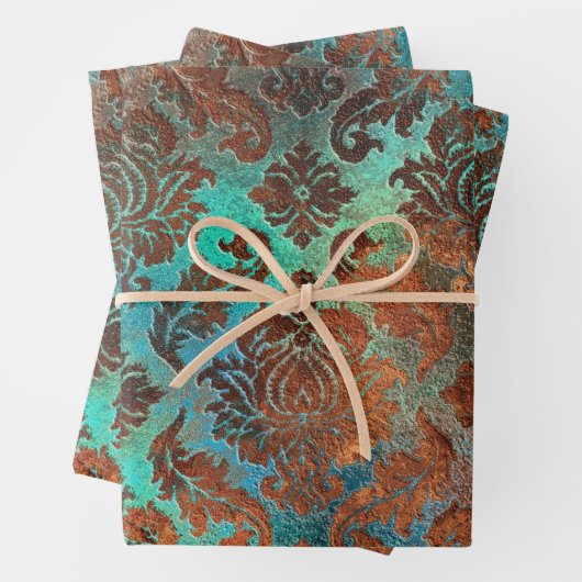Copper Patina Rusted Damask Inpakpapier Vel (In situ)