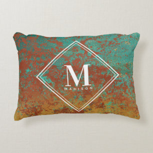 Copper Turquoise Metallic Texture Monogram Initiaa Accent Kussen