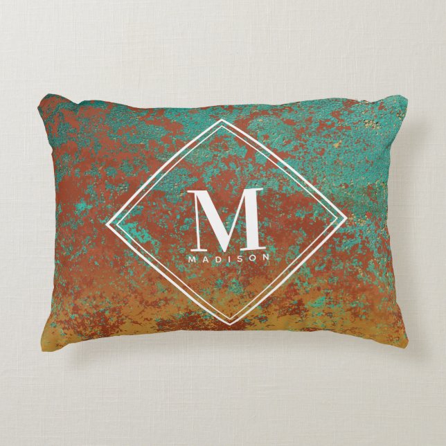 Copper Turquoise Metallic Texture Monogram Initiaa Accent Kussen (Voorkant)