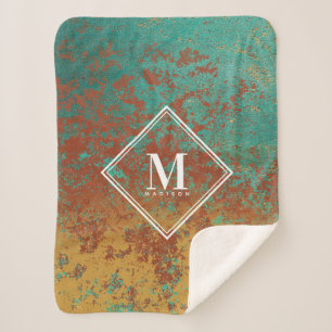 Copper Turquoise Metallic Texture Monogram Initiaa Sherpa Deken
