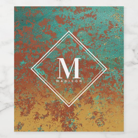 Copper Turquoise Metallic Texture Monogram Initiaa Wijn Etiket (Enkel label)