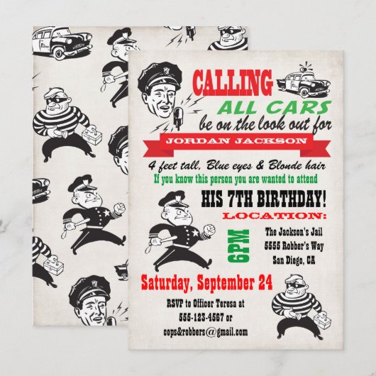 Cops & Robbers Birthday Party Invitation Kaart (Voorkant / Achterkant)