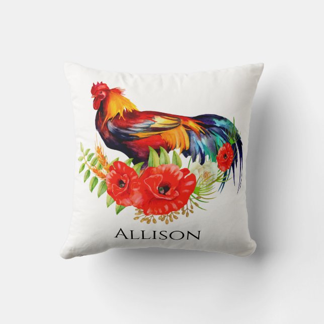 Coq avec des pavots Ferme Lancer Oreiller (Verso)