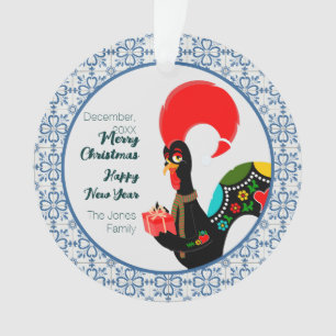 Coq portugais de Noël et cadre de carreaux bleus