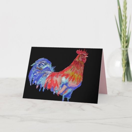 Coq Rouge et Bleu Aquarelle Carte Noir (Devant)