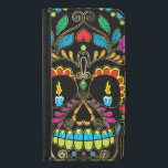 Coque Avec Portefeuille Pour Galaxy S5 Accents de Parties scintillant de crâne de sucre r<br><div class="desc">Cool coloré rétro sucre floral parties scintillant texture de crâne look avec des accents de tons or avec des bougies brûlantes pour les yeux. Arrière - plan noir</div>