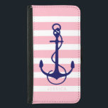 Coque Avec Portefeuille Pour Galaxy S5 Ancre de bateau bleu marine rose et blanc<br><div class="desc">Bandes blanches et rose clair motif avec ancre marine bleu marine bateau simple illustration. monogramme personnalisable en couleur de police rose suggérée. Taille d'ancrage réglable.</div>