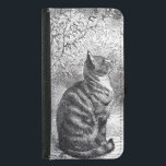 Coque Avec Portefeuille Pour Galaxy S5 Croquis d'encre de chat Tabby vintage<br><div class="desc">Un joli dessin vintage noir et blanc d'un chat tabby assis joliment et fièrement parmi quelques arbres et herbes. Dessiné dans un style d'esquisse à l'encre.</div>