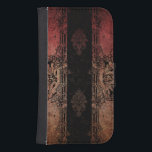 Coque Avec Portefeuille Pour Galaxy S4 Damas gravées vintages<br><div class="desc">Couches de damas grungy en rouge,  or et noir avec des bordures gravées ornées et l'embellissement arrière - plan.</div>
