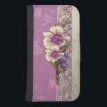 Coque Avec Portefeuille Pour Galaxy S4 Élégant Lilac Damask Embossé<br><div class="desc">Joli damas lilas et argent gaufrés avec une bordure fleurie ornée et fleurs tropicales vectorielles en lilas et ivoire. Note : Sculpté,  gravé,  gaufré et les effets dimensionnels,  l'aspect stratifié,  vieilli ou érodé,  les textures et les ombres réalisées numériquement. Le produit réel a une surface plane.</div>