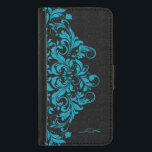 Coque Avec Portefeuille Pour Galaxy S5 Elégante dentelle florale Turquoise & Black Girly<br><div class="desc">Elégante dentelle florale vintage en turquoise sur damas noir arrière - plan. monogramme personnalisé et optionnel. Si vous avez besoin d'aide pour customiser, changer de couleur ou autre chose à l'un de mes designs, contactez le concepteur ArtOnWear. Mise en forme de texte gratuite avec aide en direct disponible sur demande....</div>