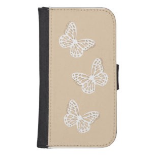 Coque Avec Portefeuille Pour Galaxy S4 Papillons blancs Boîtier de téléphone beige
