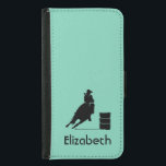 Coque Avec Portefeuille Pour Galaxy S5 Thème Rodéo Personnalisé Cowgirl Barrel Racer<br><div class="desc">Silhouette d'une cowgirl sportive course en baril avec son cheval. Illustration passionnante d'action rodéo. L'Arrière - plan est de couleur vert menthe. Idéal pour les amateurs de rodéo et de chevaux. Personnalisez avec un nom.</div>
