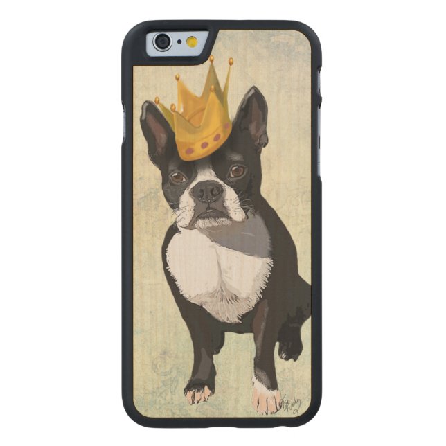 Coque Carved En Bois Pour iPhone Boston Terrier et couronne (Dos)
