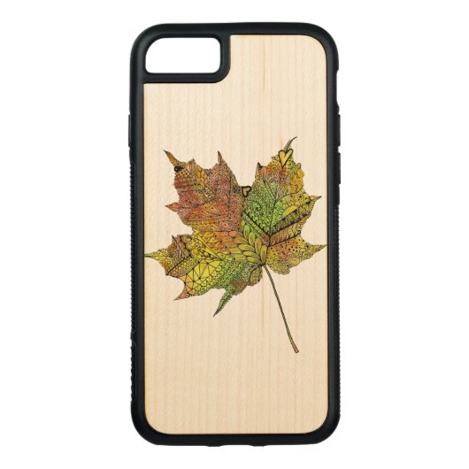 Coque Carved En Bois Pour iPhone Feuille d'érable Artsy illustrée par main (Dos)