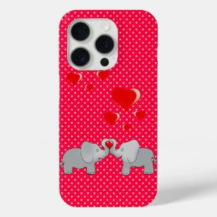 Coque iPhone 15 Pro Eléphants romantiques et Coeurs rouges sur Pois