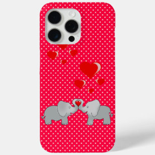 Coque iPhone 15 Pro Max Eléphants romantiques et Coeurs rouges sur Pois