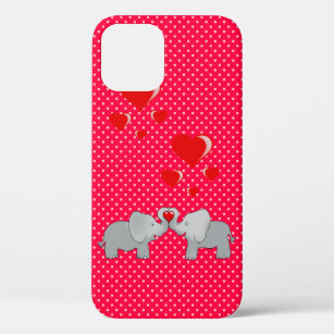 Coque iPhone 12 Pro Eléphants romantiques et Coeurs rouges sur Pois