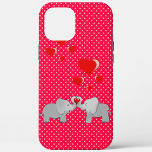 Coque iPhone 12 Pro Max Eléphants romantiques et Coeurs rouges sur Pois