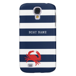 Coque Galaxy S4 Ancre Marine Bleu Stripes Crabe Rouge Nom du batea