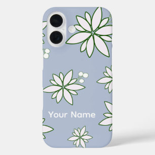 coque de téléphone pérvenche avec fleurs blanches