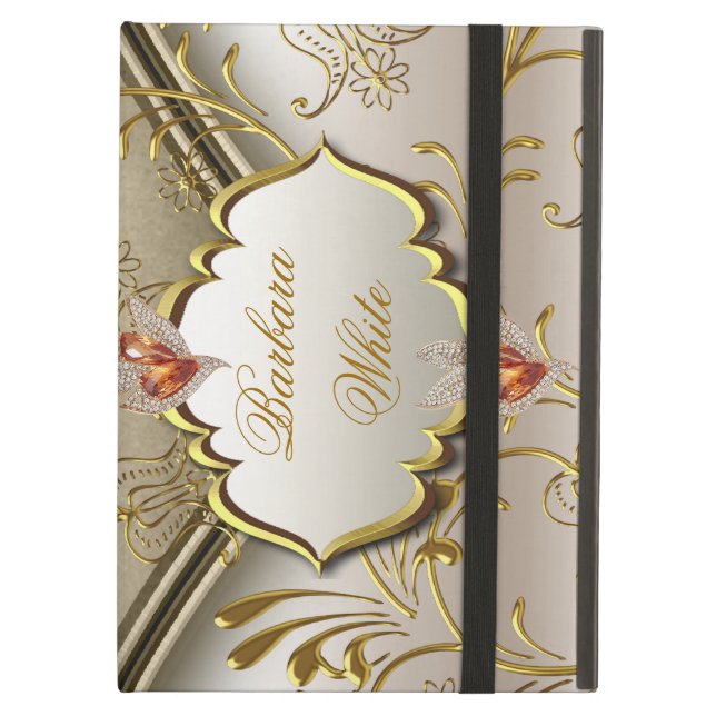 Coque iPad Air Elégant Damask Caramel Crème Beige Or Ambre 2 (Devant fermé)