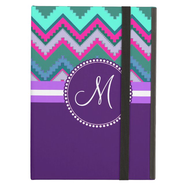 Coque iPad Air Monogram Aqua Turquoise bleu rose Tribal Chevron Z (Devant fermé)