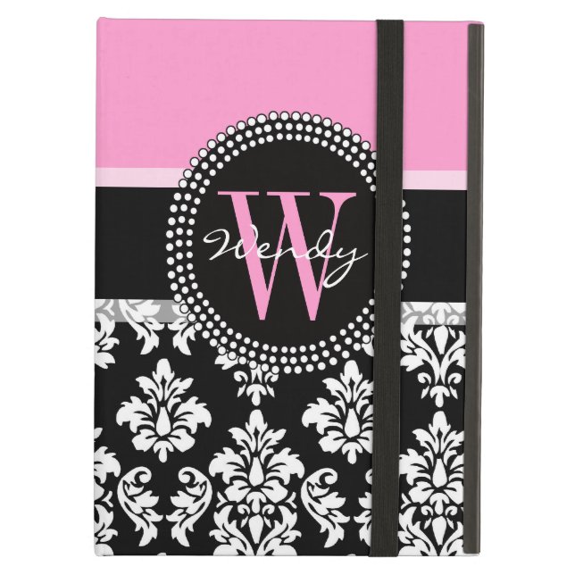 Coque iPad Air Pink, Black Damask, Ton Initial, Ton Nom (Devant fermé)