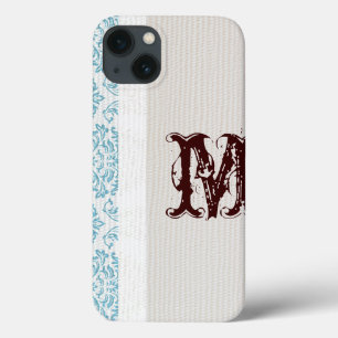 Coque ipad de monogramme Damask Filigree bleu