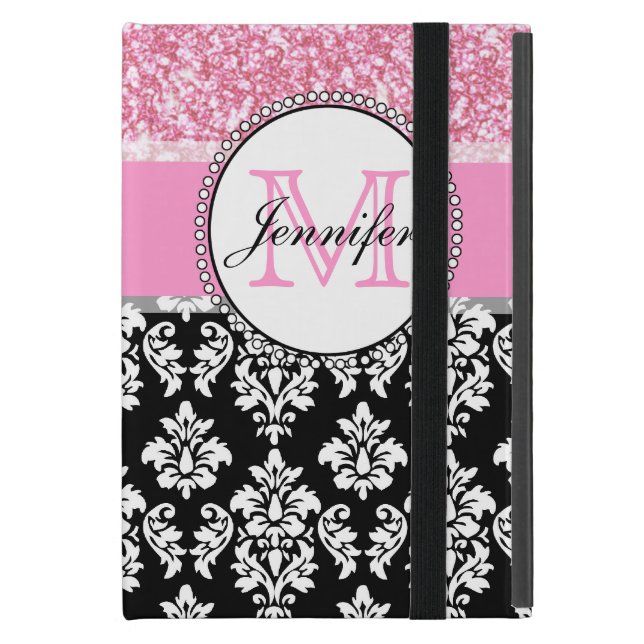 Coque iPad Mini Fille, rose, Parties scintillant, Damas noir Perso (Devant fermé)
