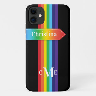 Coque iPhone 11   Arc-en-ciel rayé avec Monogramme