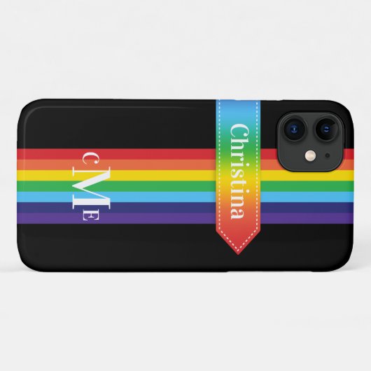 Coque iPhone 11 | Arc-en-ciel rayé avec Monogramme (Dos (Horizontal))