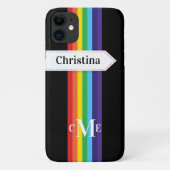 Coque iPhone 11 | Arc-en-ciel rayé avec Monogramme (Dos)