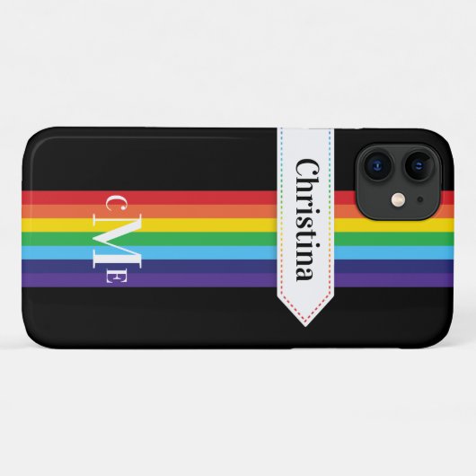 Coque iPhone 11 | Arc-en-ciel rayé avec Monogramme (Dos (Horizontal))