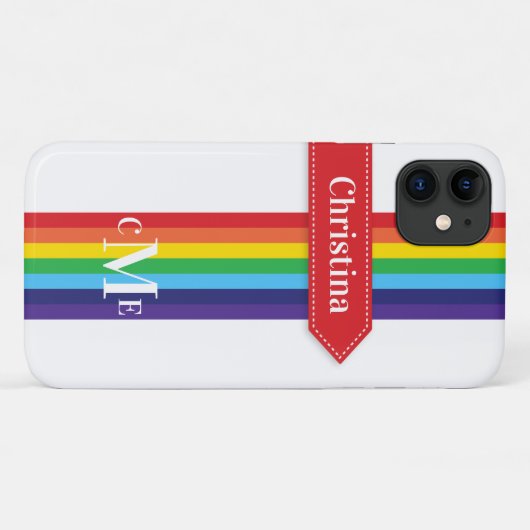 Coque iPhone 11 | Arc-en-ciel rayé avec Monogramme (Dos (Horizontal))