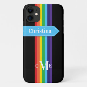 Coque iPhone 11   Arc-en-ciel rayé avec Monogramme