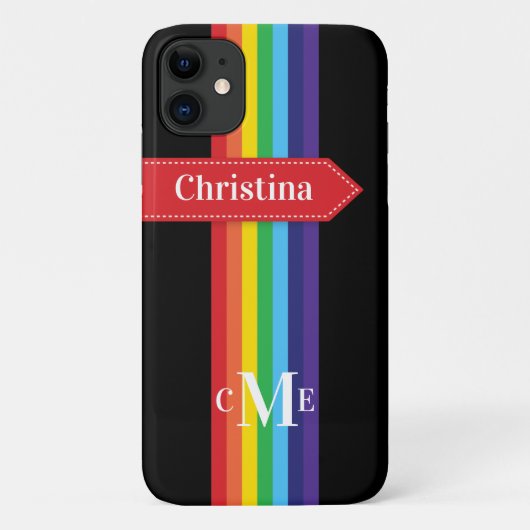 Coque iPhone 11 | Arc-en-ciel rayé avec Monogramme (Dos)