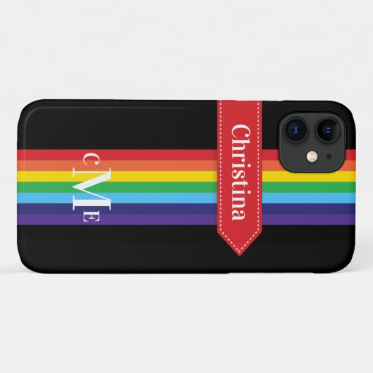 Coque iPhone 11 | Arc-en-ciel rayé avec Monogramme (Dos (Horizontal))