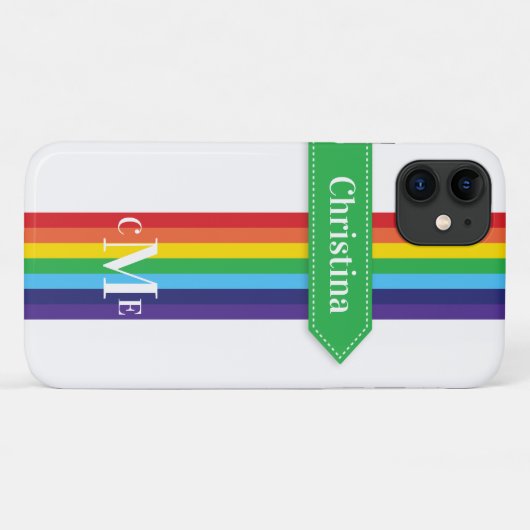 Coque iPhone 11 | Arc-en-ciel rayé avec Monogramme (Dos (Horizontal))