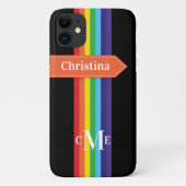 Coque iPhone 11 | Arc-en-ciel rayé avec Monogramme (Dos)