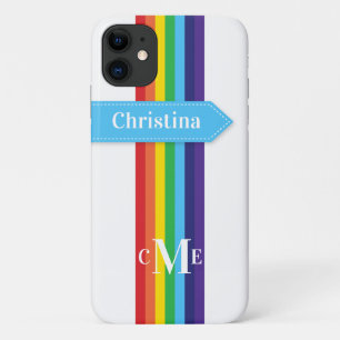 Coque iPhone 11   Arc-en-ciel rayé avec Monogramme