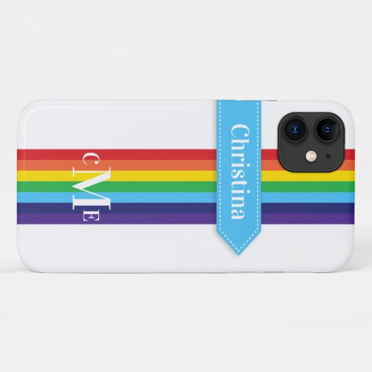 Coque iPhone 11 | Arc-en-ciel rayé avec Monogramme (Dos (Horizontal))