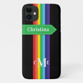 Coque iPhone 11 | Arc-en-ciel rayé avec Monogramme (Dos)