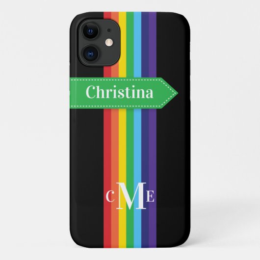Coque iPhone 11 | Arc-en-ciel rayé avec Monogramme (Dos)