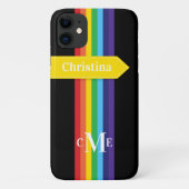 Coque iPhone 11 | Arc-en-ciel rayé avec Monogramme (Dos)