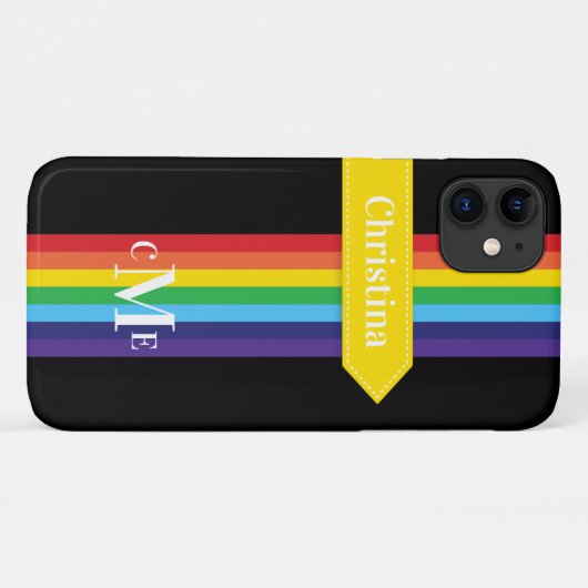 Coque iPhone 11 | Arc-en-ciel rayé avec Monogramme (Dos (Horizontal))