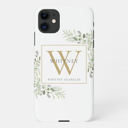 Coque iPhone 11 Élégant Monogramme Or Verdure (Dos)